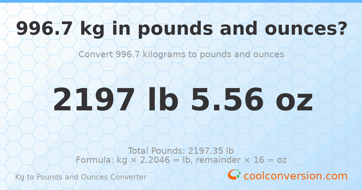 996.7 kg to lbs and oz — 996.7 kg = 2197 lb 5.56 oz