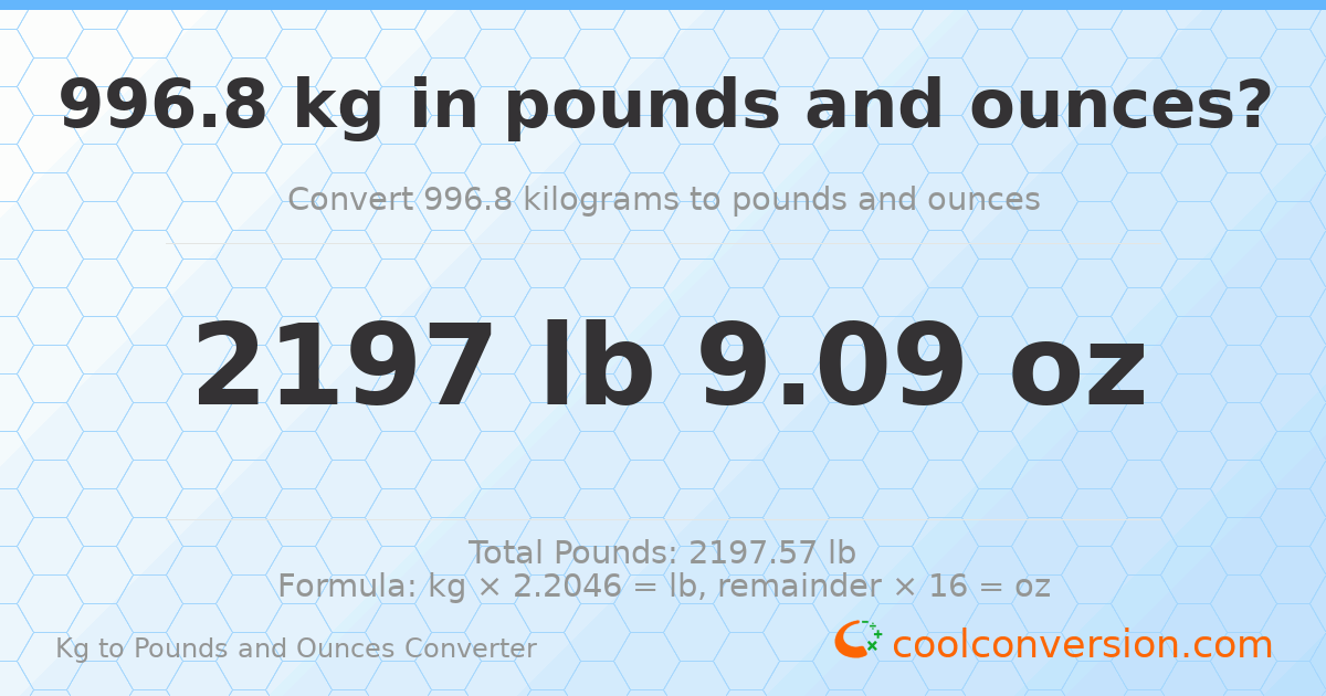 996.8 kg to lbs and oz — 996.8 kg = 2197 lb 9.09 oz