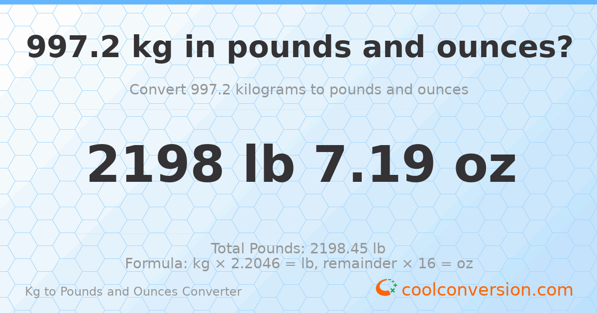 997.2 kg to lbs and oz — 997.2 kg = 2198 lb 7.19 oz