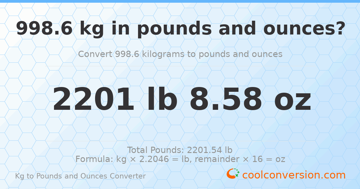 998.6 kg to lbs and oz — 998.6 kg = 2201 lb 8.58 oz