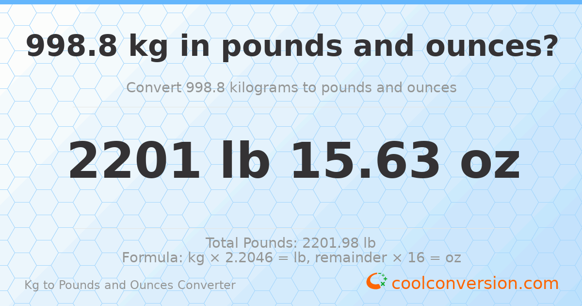 998.8 kg to lbs and oz — 998.8 kg = 2201 lb 15.63 oz