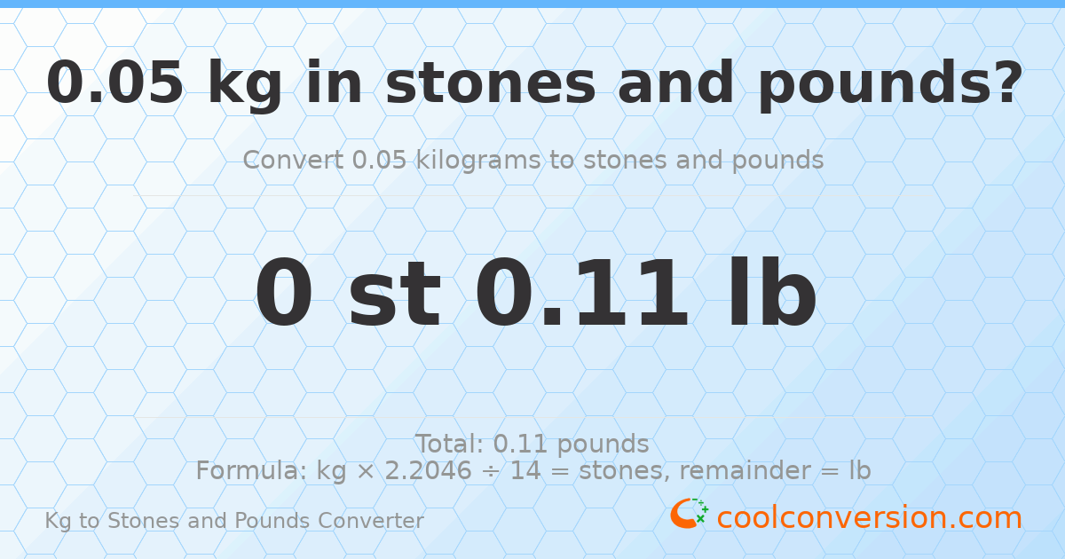 0.05 kg to stones and pounds — 0.05 kg = 0 st 0.11 lb