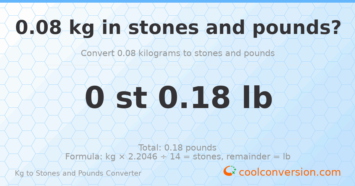 0.08 kg to stones and pounds — 0.08 kg = 0 st 0.18 lb