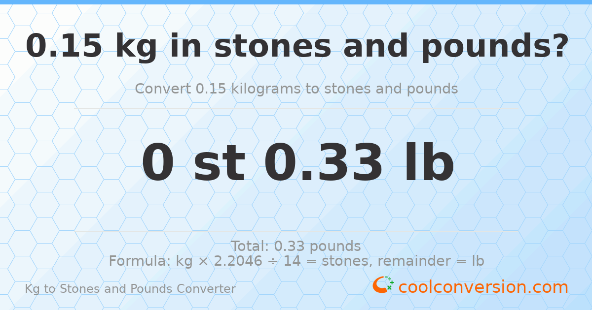0.15 kg to stones and pounds — 0.15 kg = 0 st 0.33 lb