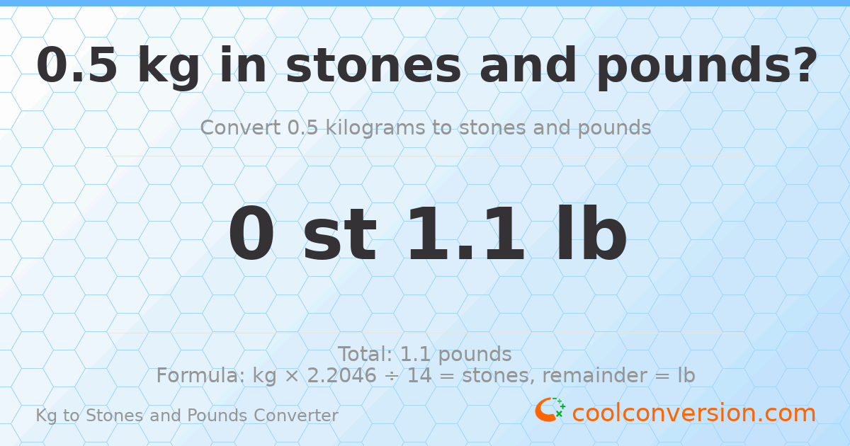 0.5 kg to stones and pounds — 0.5 kg = 0 st 1.10 lb