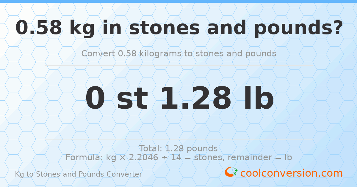 0.58 kg to stones and pounds — 0.58 kg = 0 st 1.28 lb