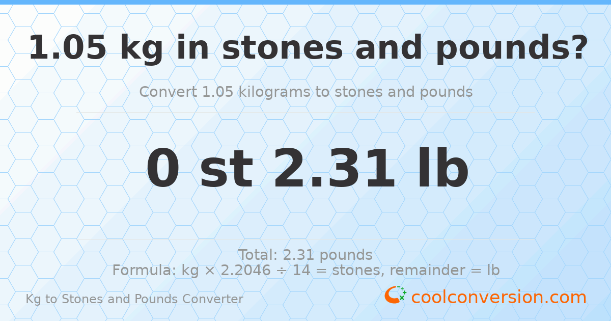 1.05 kg to stones and pounds — 1.05 kg = 0 st 2.31 lb