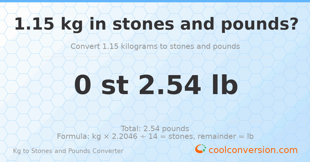 1.15 kg to stones and pounds — 1.15 kg = 0 st 2.54 lb