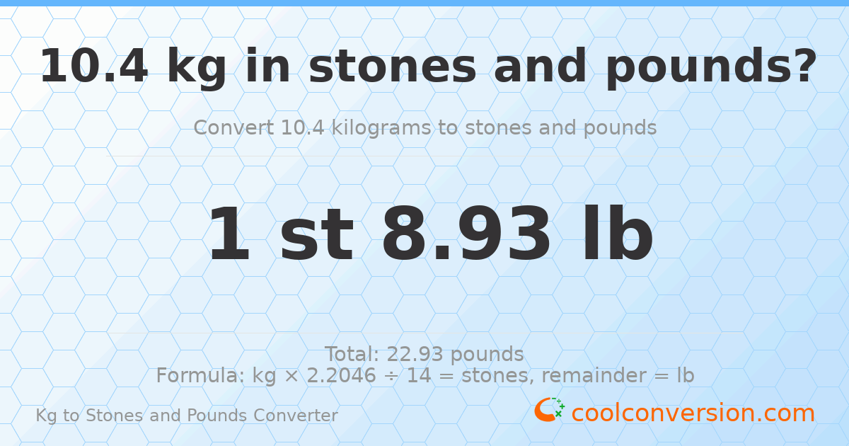10.4 kg to stones and pounds — 10.4 kg = 1 st 8.93 lb