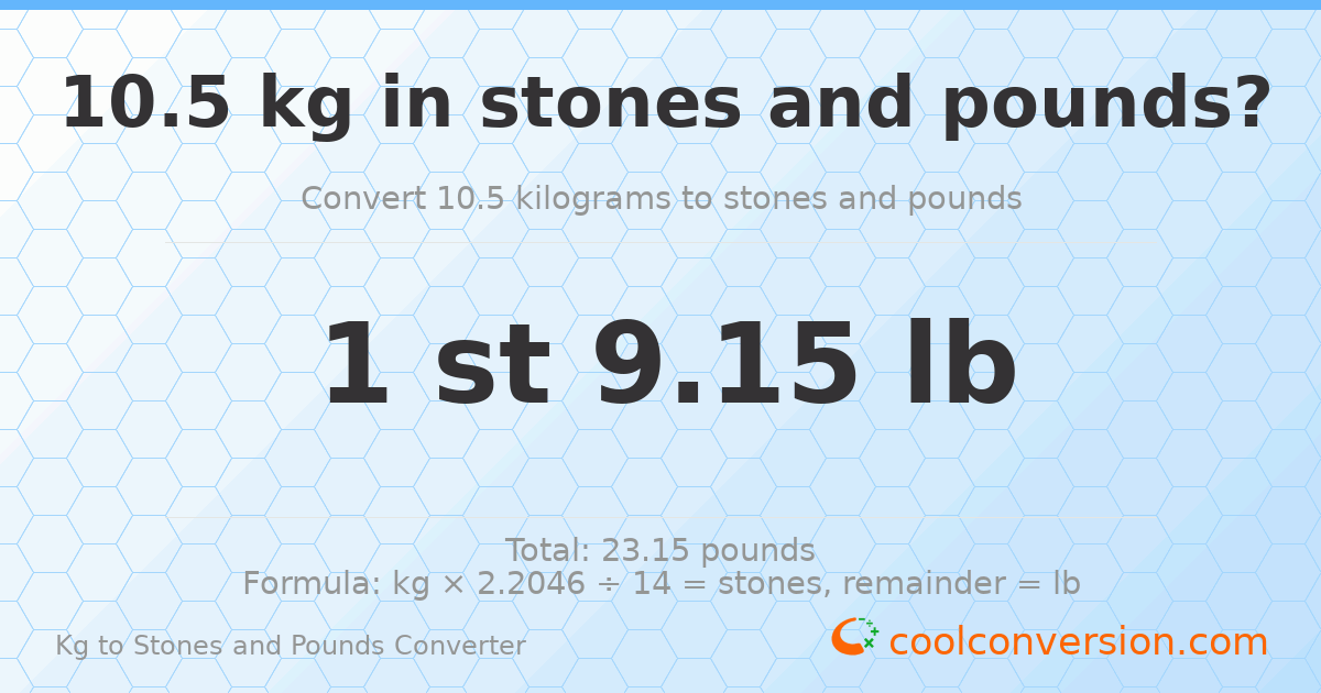 10.50 kg to stones and pounds — 10.50 kg = 1 st 9.15 lb