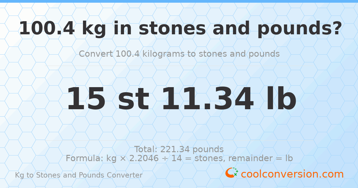 100.40 kg to stones and pounds — 100.40 kg = 15 st 11.34 lb