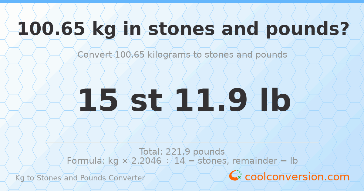 100.65 kg to stones and pounds — 100.65 kg = 15 st 11.90 lb