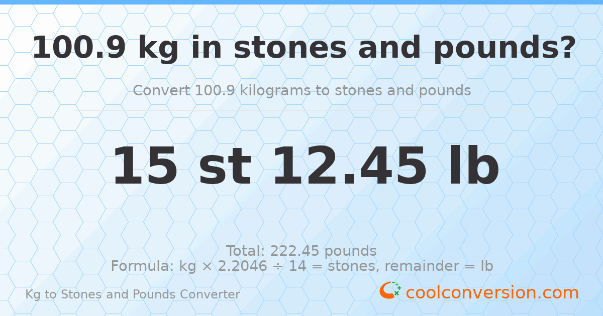 100.90 kg to stones and pounds — 100.90 kg = 15 st 12.45 lb