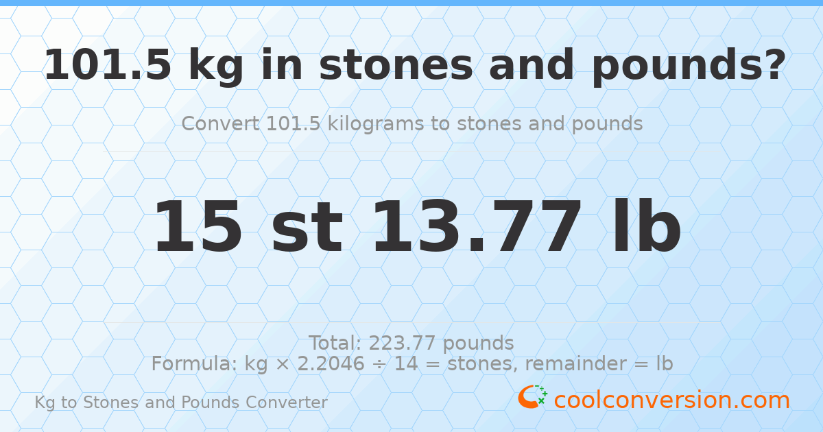 101.50 kg to stones and pounds — 101.50 kg = 15 st 13.77 lb