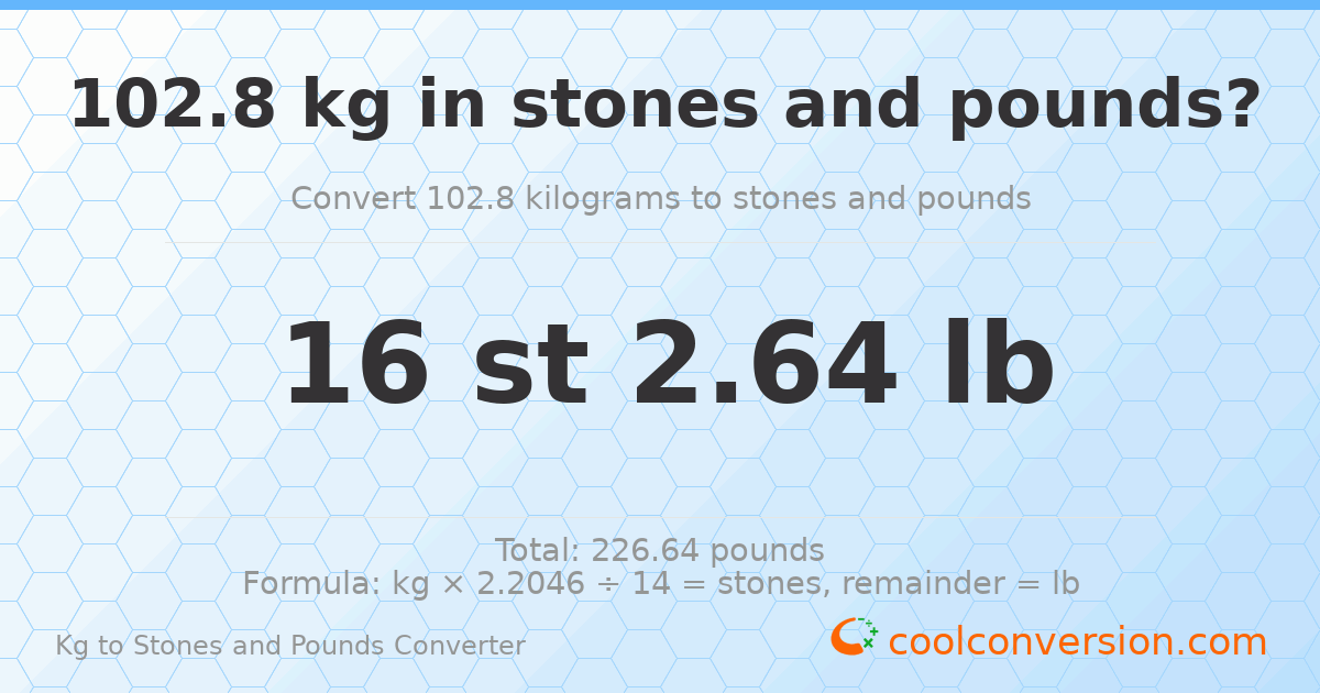 102.80 kg to stones and pounds — 102.80 kg = 16 st 2.64 lb