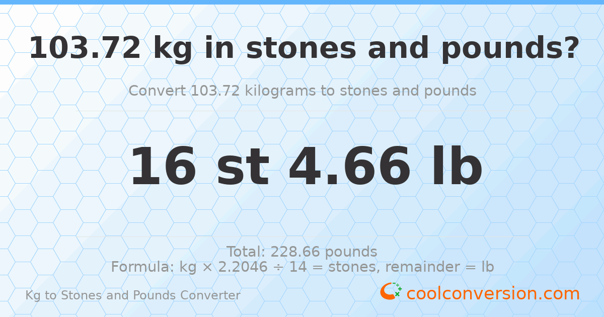 103.72 kg to stones and pounds — 103.72 kg = 16 st 4.66 lb