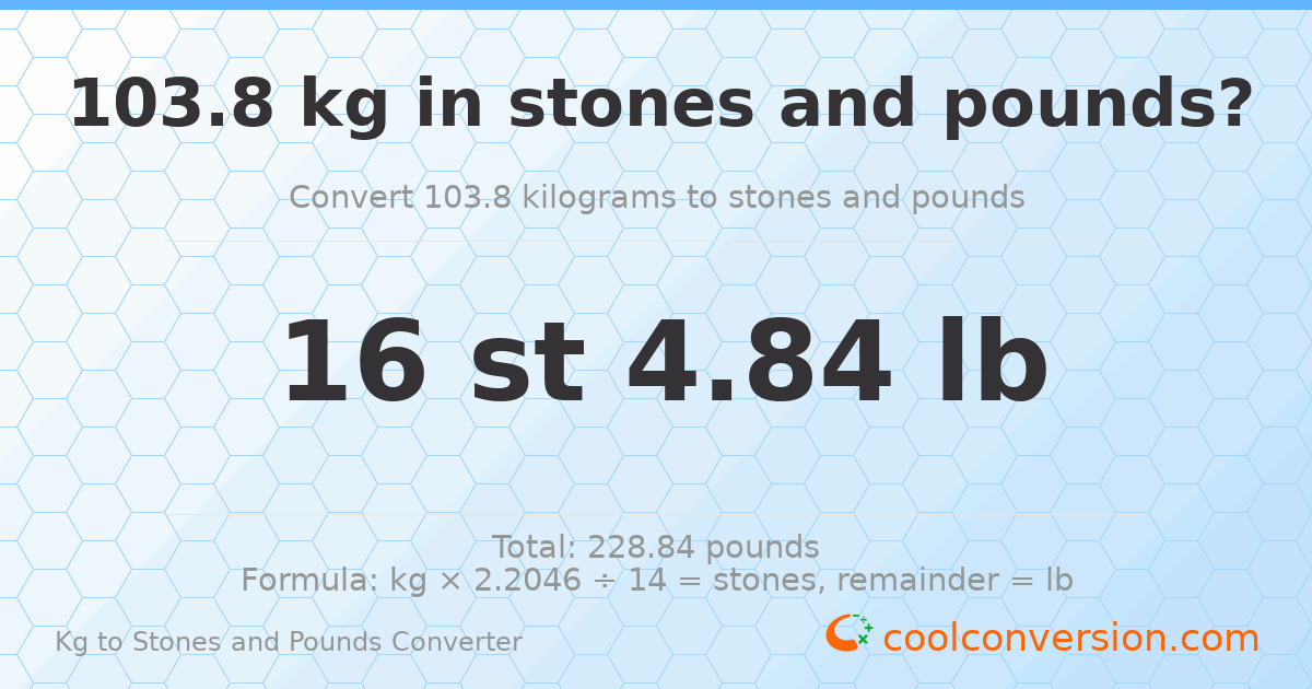 103.8 kg to stones and pounds — 103.8 kg = 16 st 4.84 lb