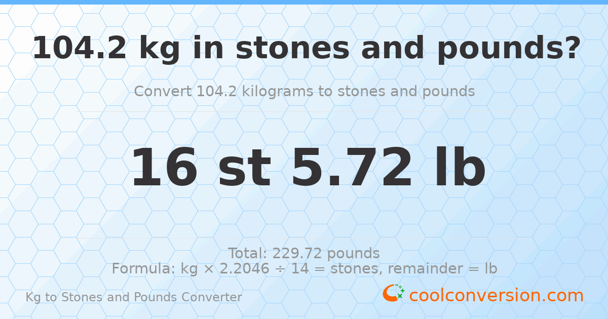 104.20 kg to stones and pounds — 104.20 kg = 16 st 5.72 lb