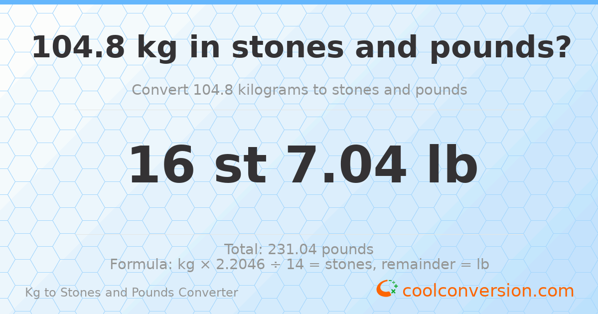 104.8 kg to stones and pounds — 104.8 kg = 16 st 7.04 lb
