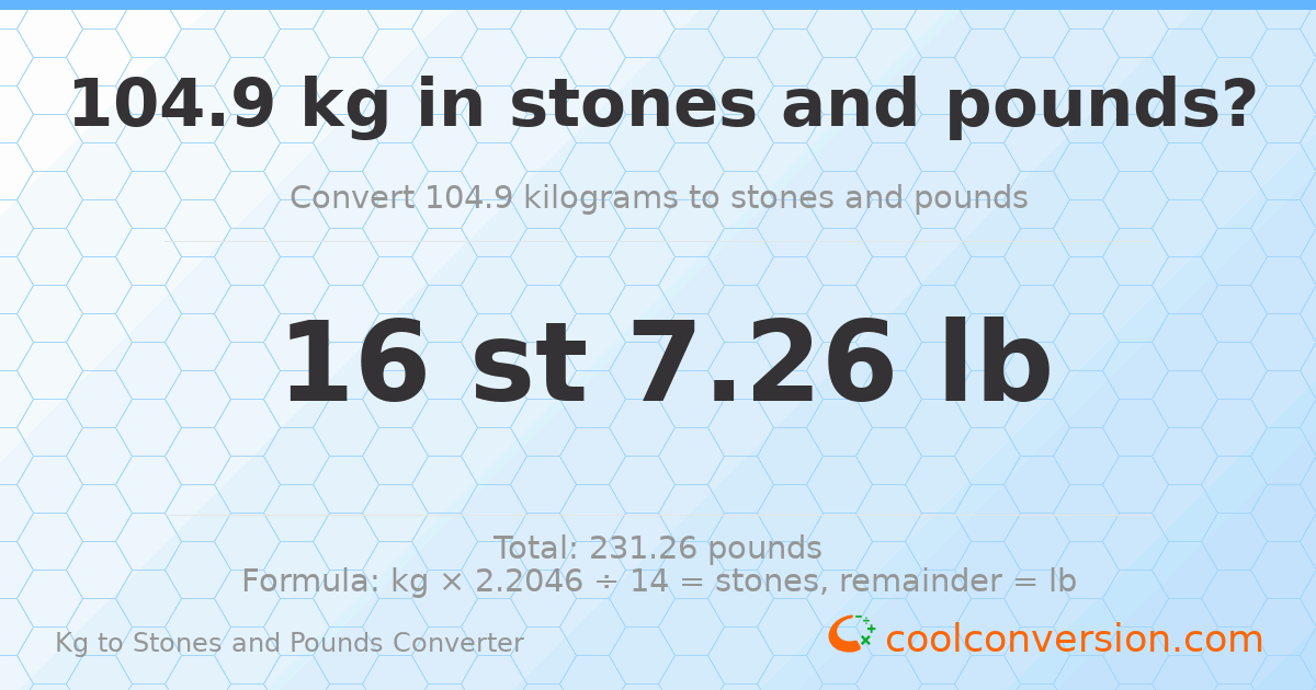104.90 kg to stones and pounds — 104.90 kg = 16 st 7.26 lb
