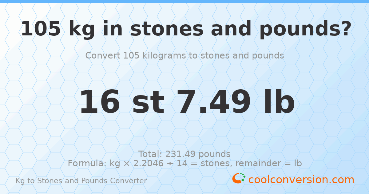 105 kg to stones and pounds — 105 kg = 16 st 7.49 lb