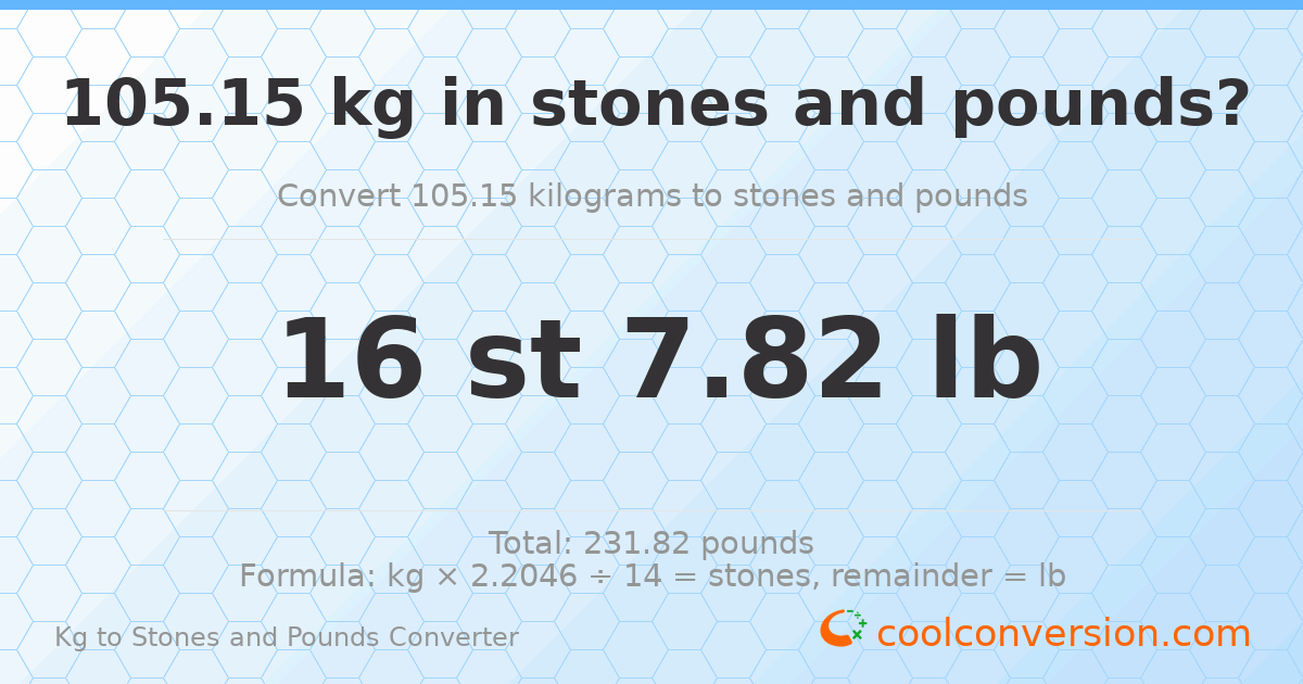 105.15 kg to stones and pounds — 105.15 kg = 16 st 7.82 lb
