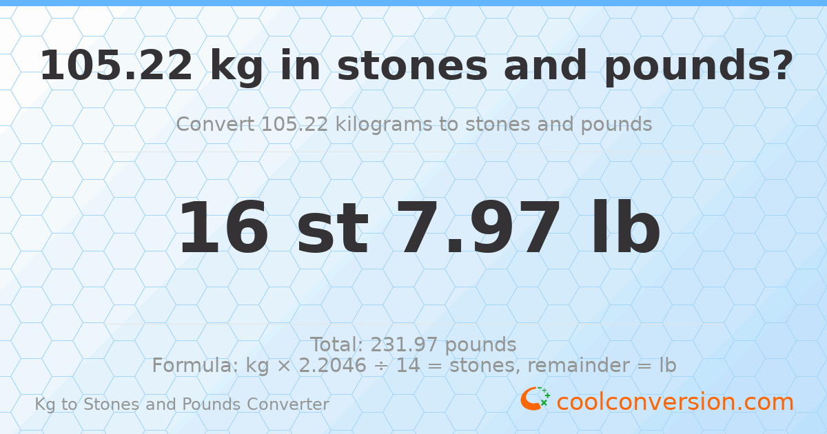 105.22 kg to stones and pounds — 105.22 kg = 16 st 7.97 lb
