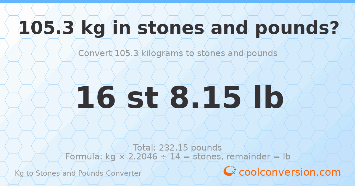 105.3 kg to stones and pounds — 105.3 kg = 16 st 8.15 lb