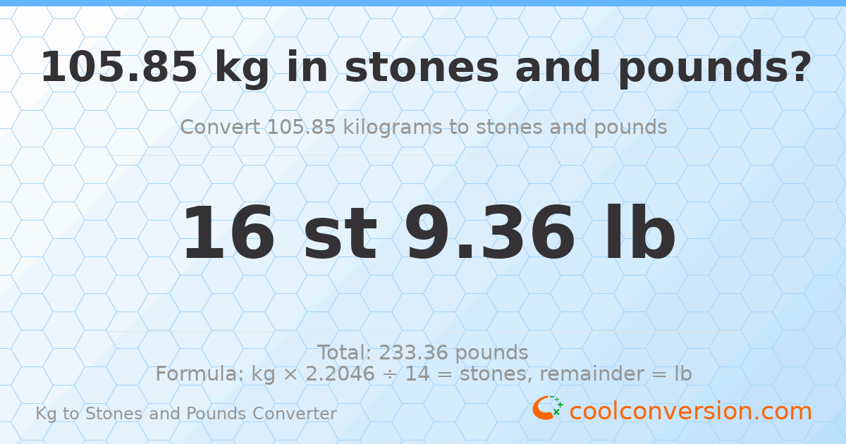 105.85 kg to stones and pounds — 105.85 kg = 16 st 9.36 lb