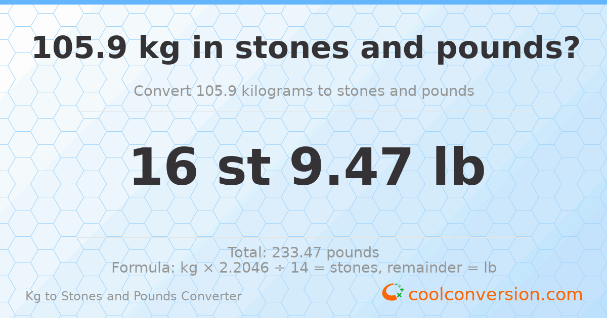 105.90 kg to stones and pounds — 105.90 kg = 16 st 9.47 lb