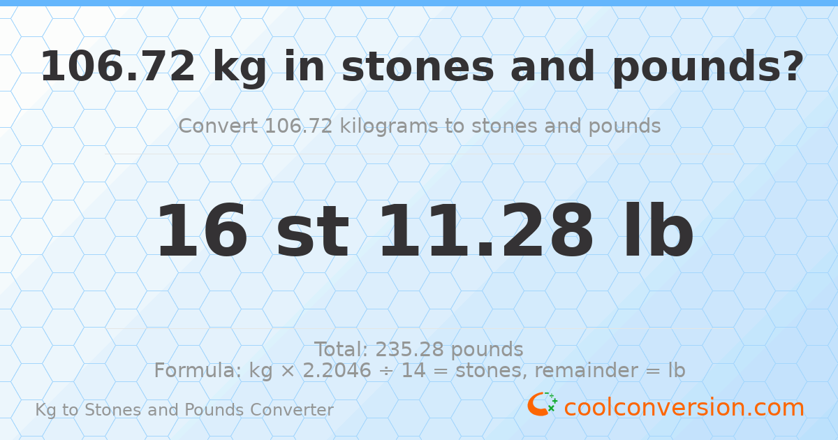 106.72 kg to stones and pounds — 106.72 kg = 16 st 11.28 lb
