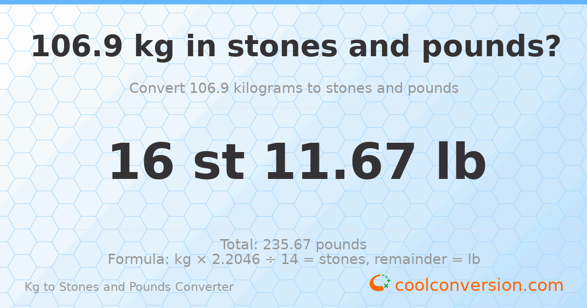 106.90 kg to stones and pounds — 106.90 kg = 16 st 11.67 lb