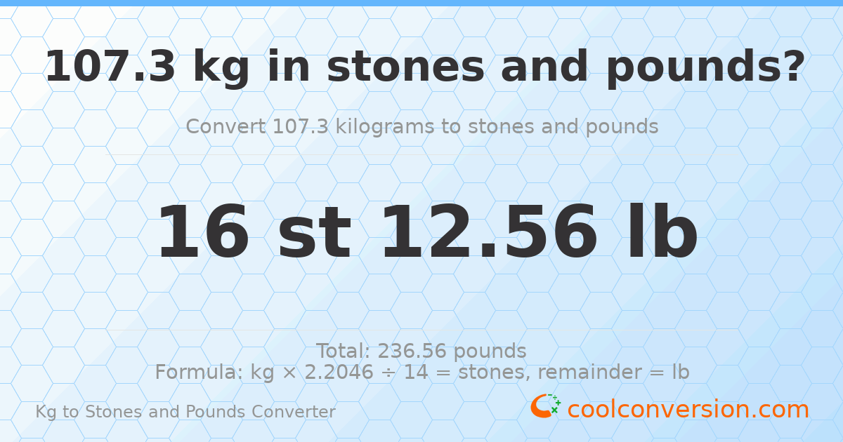 107.30 kg to stones and pounds — 107.30 kg = 16 st 12.56 lb
