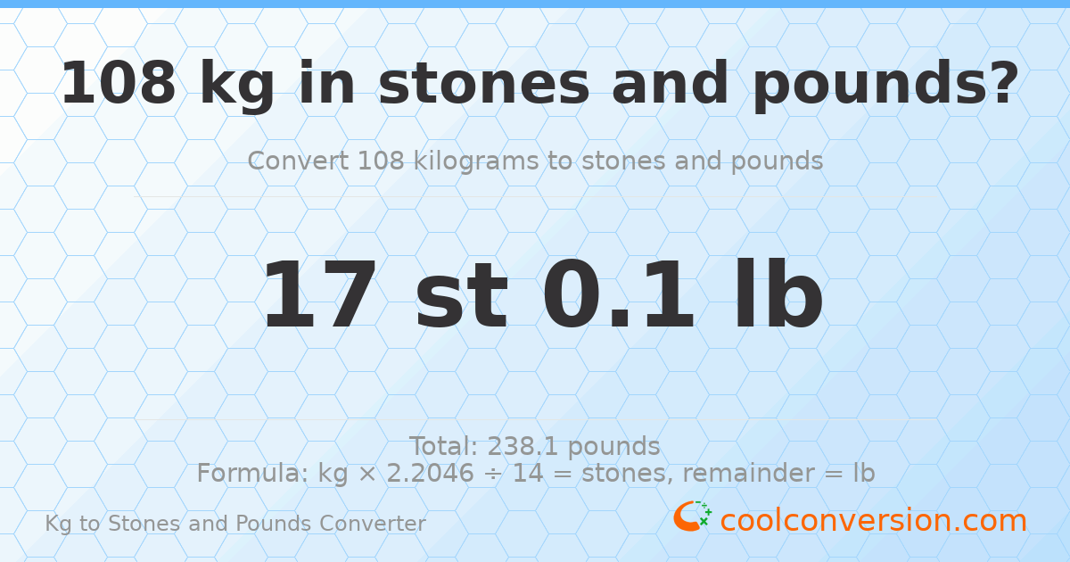 108 kg to stones and pounds — 108 kg = 17 st 0.10 lb