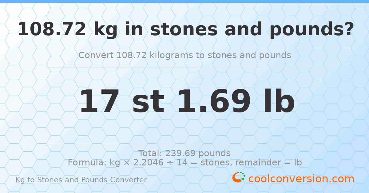 108.72 kg to stones and pounds — 108.72 kg = 17 st 1.69 lb
