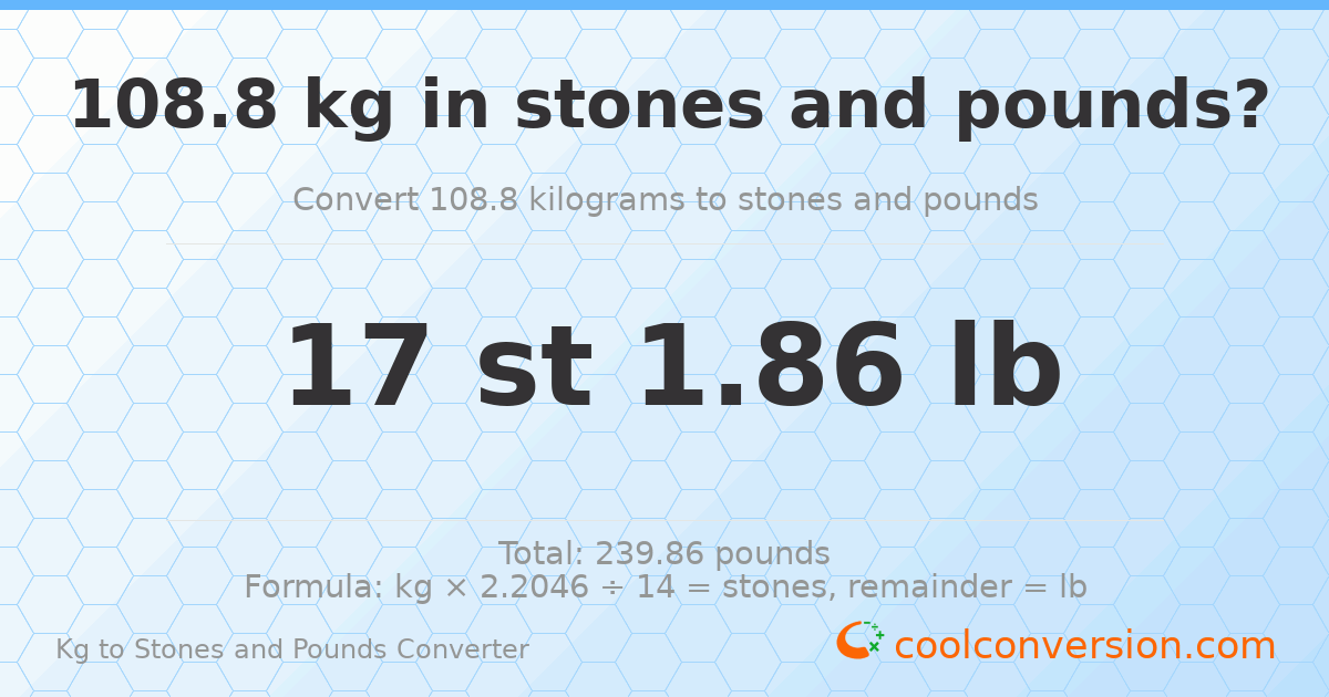 108.8 kg to stones and pounds — 108.8 kg = 17 st 1.86 lb