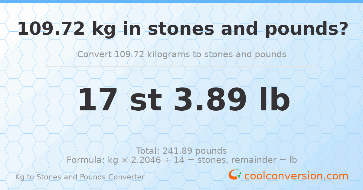 109.72 kg to stones and pounds — 109.72 kg = 17 st 3.89 lb