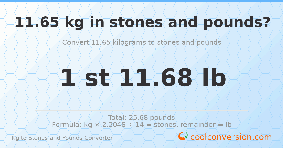 11.65 kg to stones and pounds — 11.65 kg = 1 st 11.68 lb