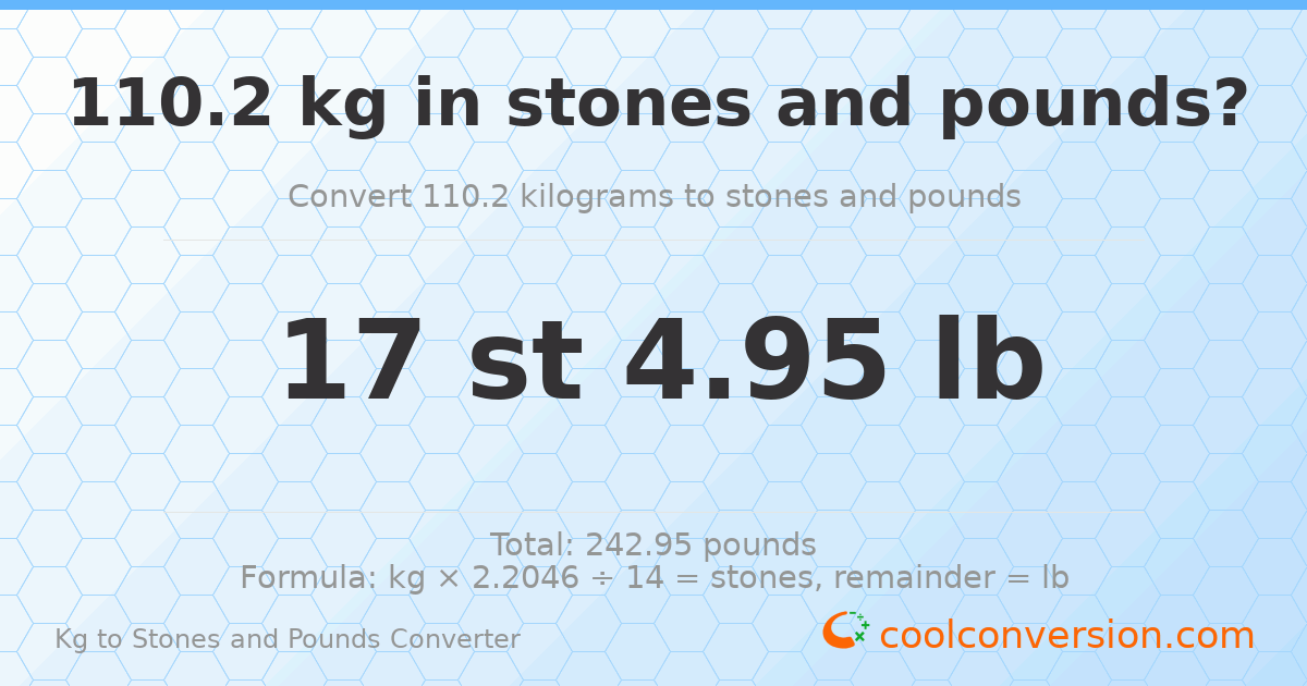 110.20 kg to stones and pounds — 110.20 kg = 17 st 4.95 lb