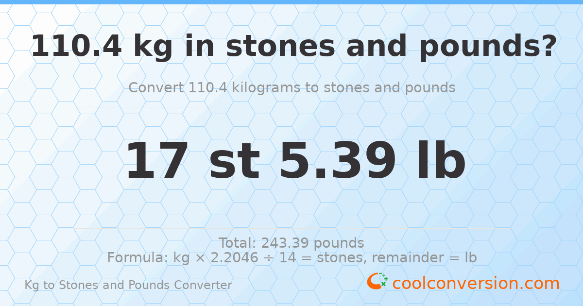 110.40 kg to stones and pounds — 110.40 kg = 17 st 5.39 lb