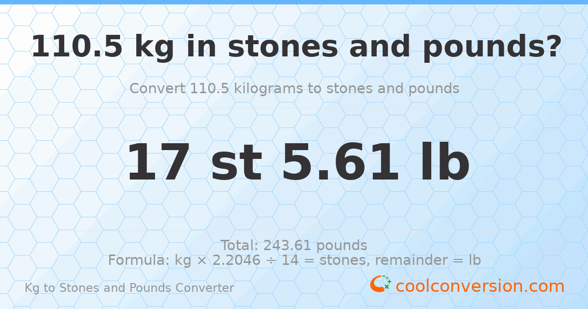 110.50 kg to stones and pounds — 110.50 kg = 17 st 5.61 lb