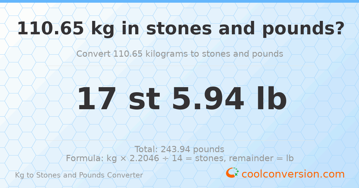 110.65 kg to stones and pounds — 110.65 kg = 17 st 5.94 lb