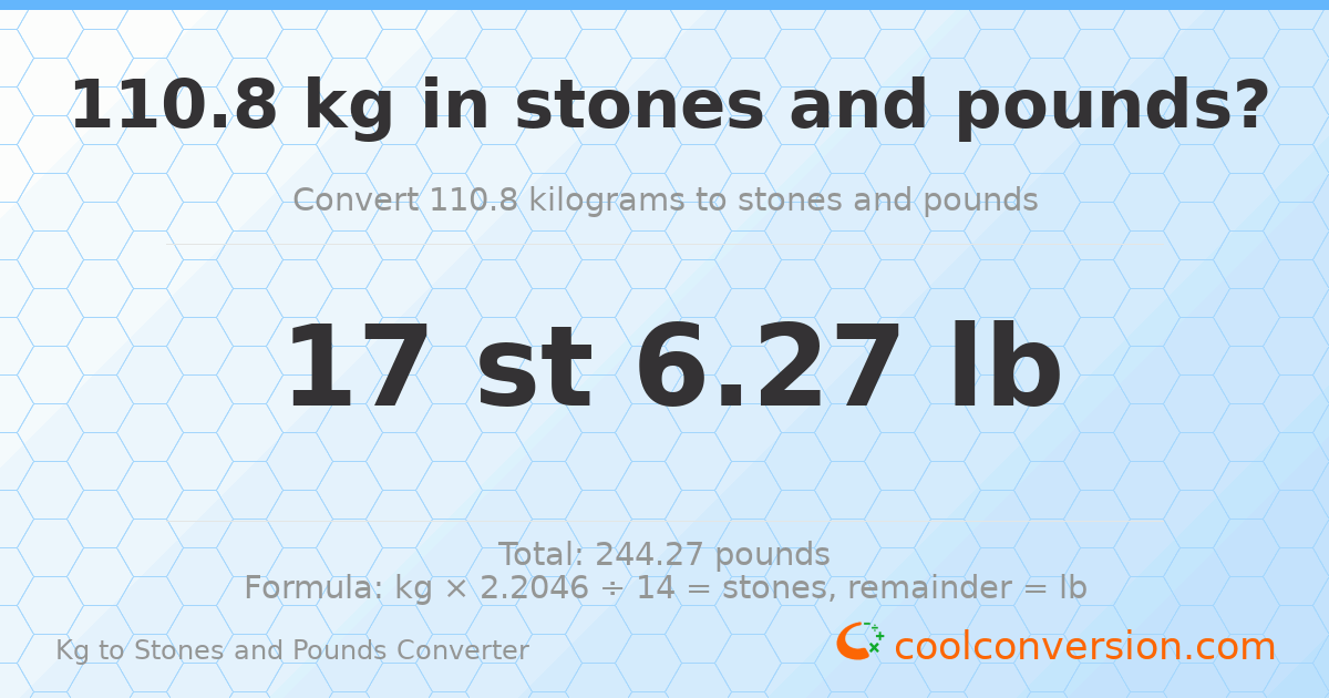 110.80 kg to stones and pounds — 110.80 kg = 17 st 6.27 lb