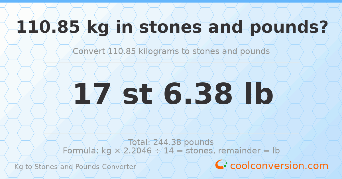 110.85 kg to stones and pounds — 110.85 kg = 17 st 6.38 lb