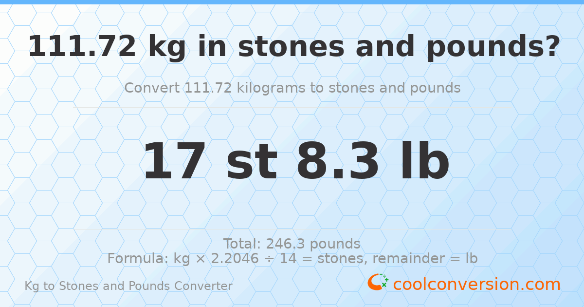 111.72 kg to stones and pounds — 111.72 kg = 17 st 8.30 lb