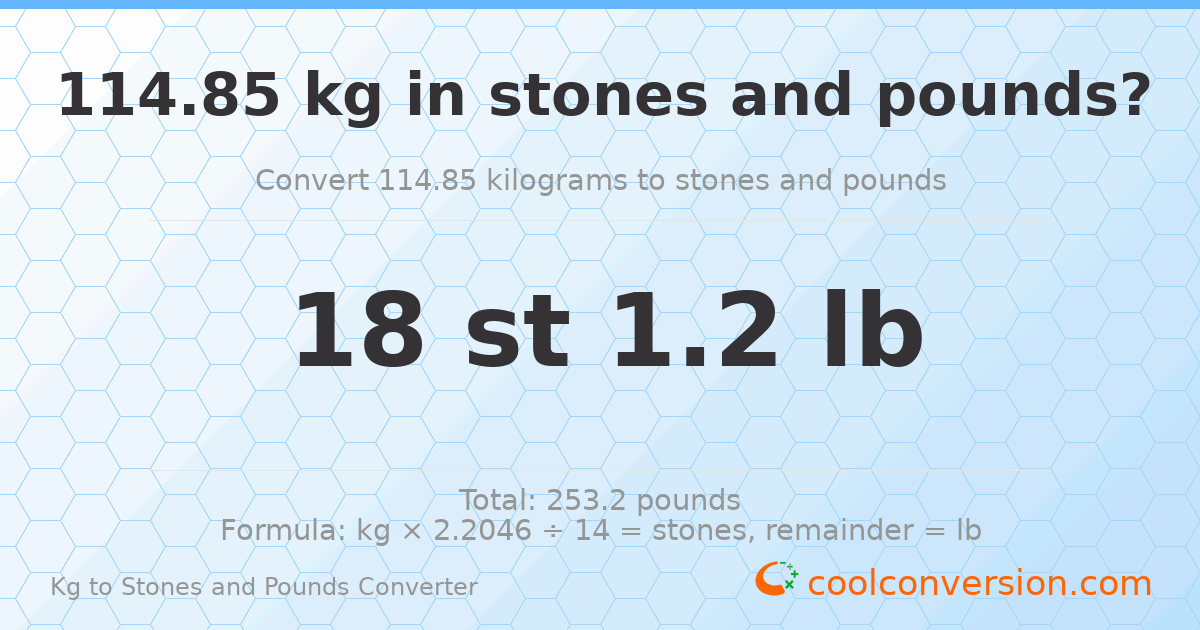 114.85 kg to stones and pounds — 114.85 kg = 18 st 1.20 lb