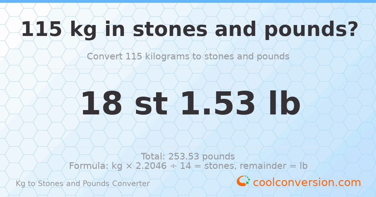 115 kg to stones and pounds — 115 kg = 18 st 1.53 lb