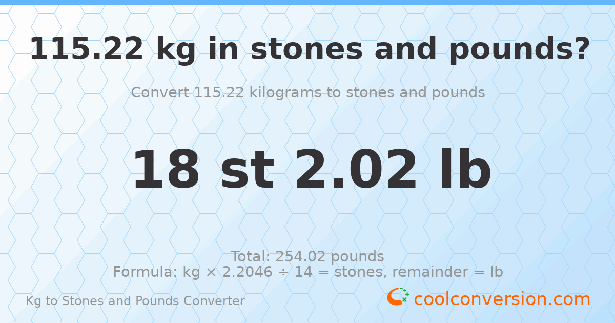 115.22 kg to stones and pounds — 115.22 kg = 18 st 2.02 lb