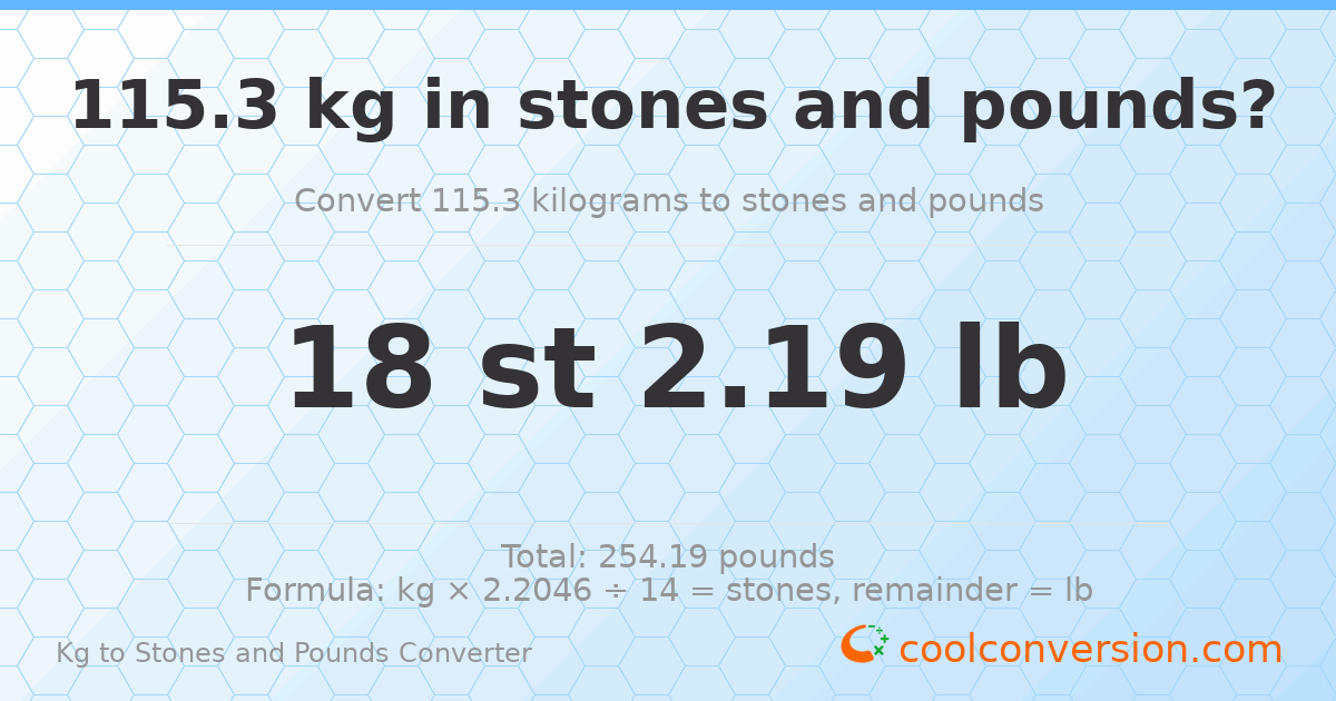115.3 kg to stones and pounds — 115.3 kg = 18 st 2.19 lb