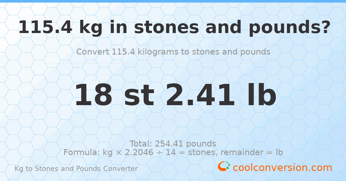 115.40 kg to stones and pounds — 115.40 kg = 18 st 2.41 lb